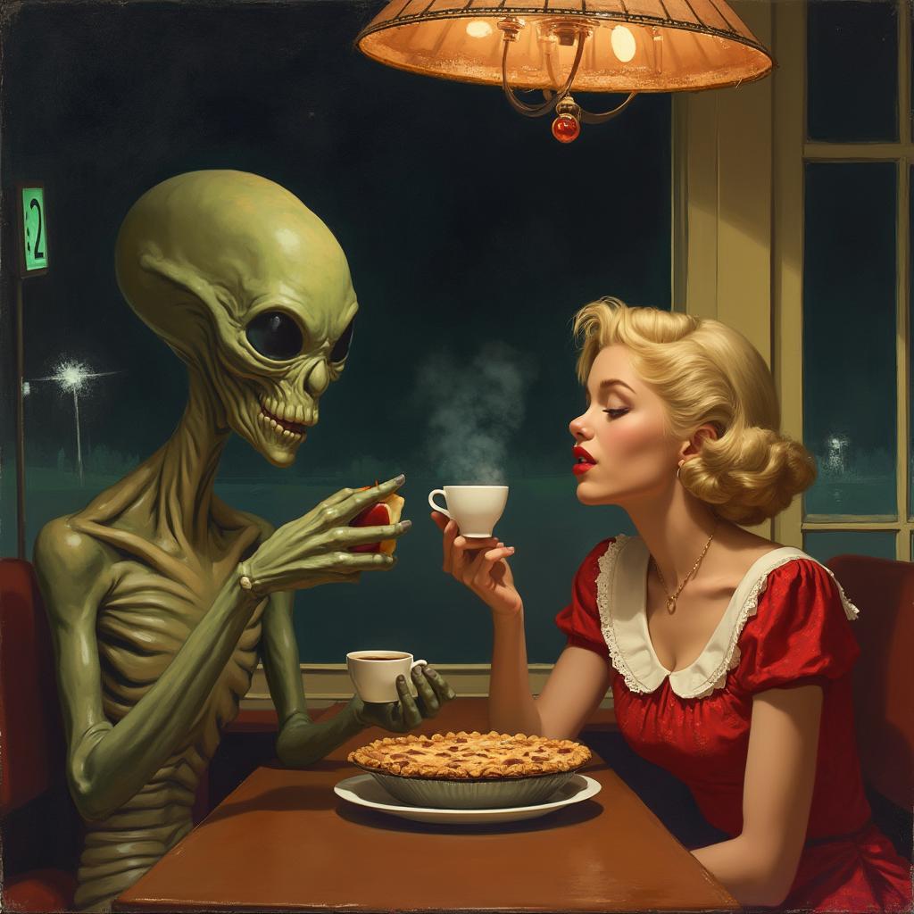 in the late 1940s, an alien and a pretty woman with short blonde hair, wearing a red dress with a white collar, are sitting in a cafe eating apple pie and drinking coffee.  Outside it is dark.   A norman rockwell style painting