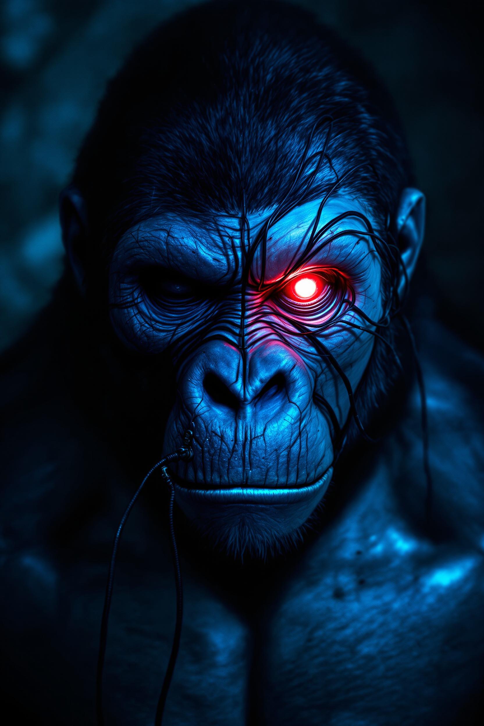 The image shows a grim, stylized portrait of a gorilla with a cyberpunk-like appearance. The left half of the face looks animalistic, while the right side is cybernetically altered - with a glowing red mechanical eye and black wires or scars stretching over the skin. The lighting is dramatic, with cold blue light and strong shadows, which gives the picture an intense, mysterious atmosphere.