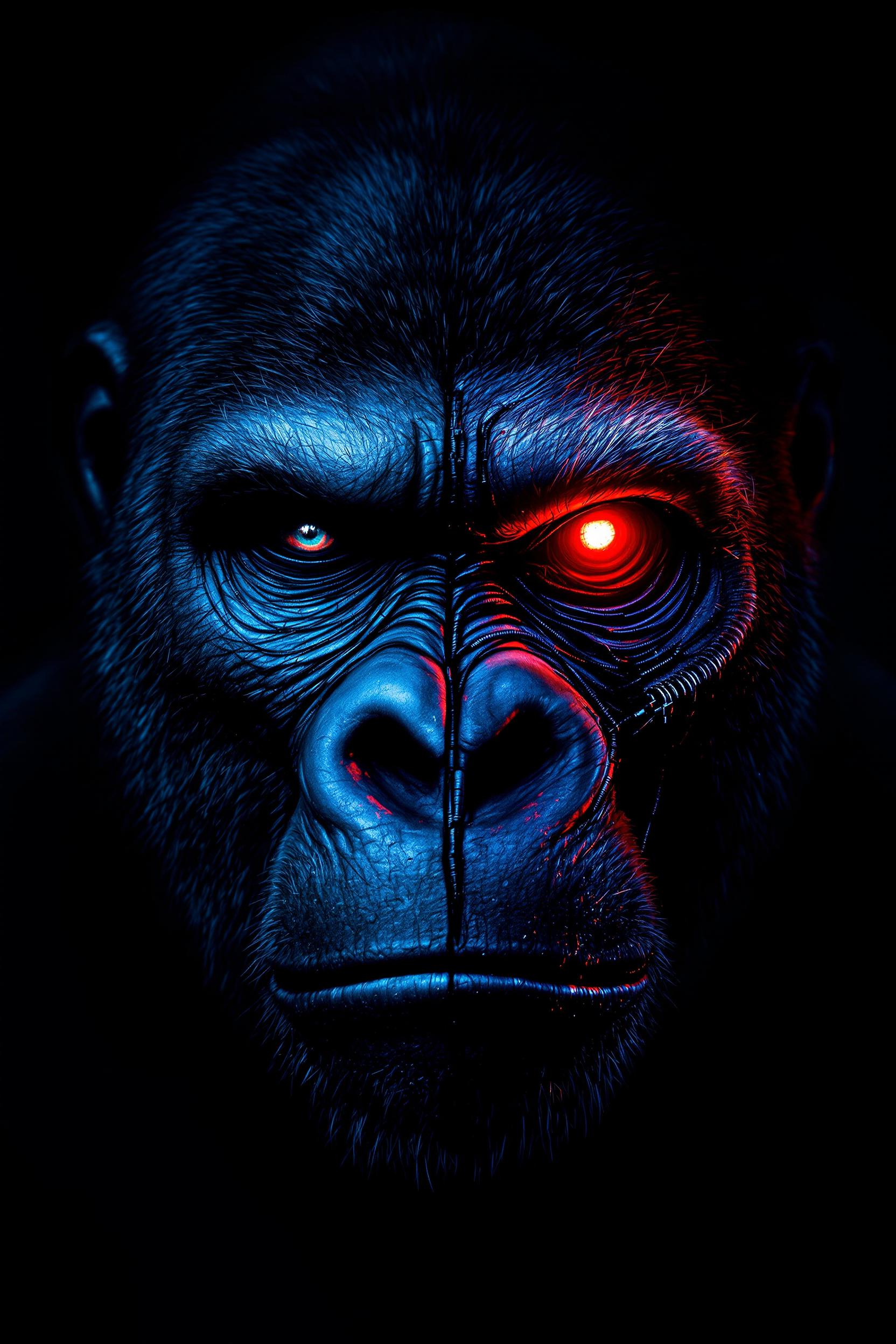 The image shows a grim, stylized portrait of a gorilla with a cyberpunk-like appearance. The left half of the face looks animalistic, while the right side is cybernetically altered - with a glowing red mechanical eye and black wires or scars stretching over the skin. The lighting is dramatic, with cold blue light and strong shadows, which gives the picture an intense, mysterious atmosphere.