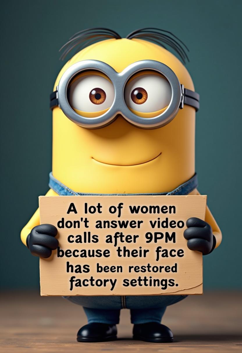 create a minion with a smirk holding a sign that reads "A lot of women don't answer video calls after 9 PM because their face has been restored to factory settings" sans serif font