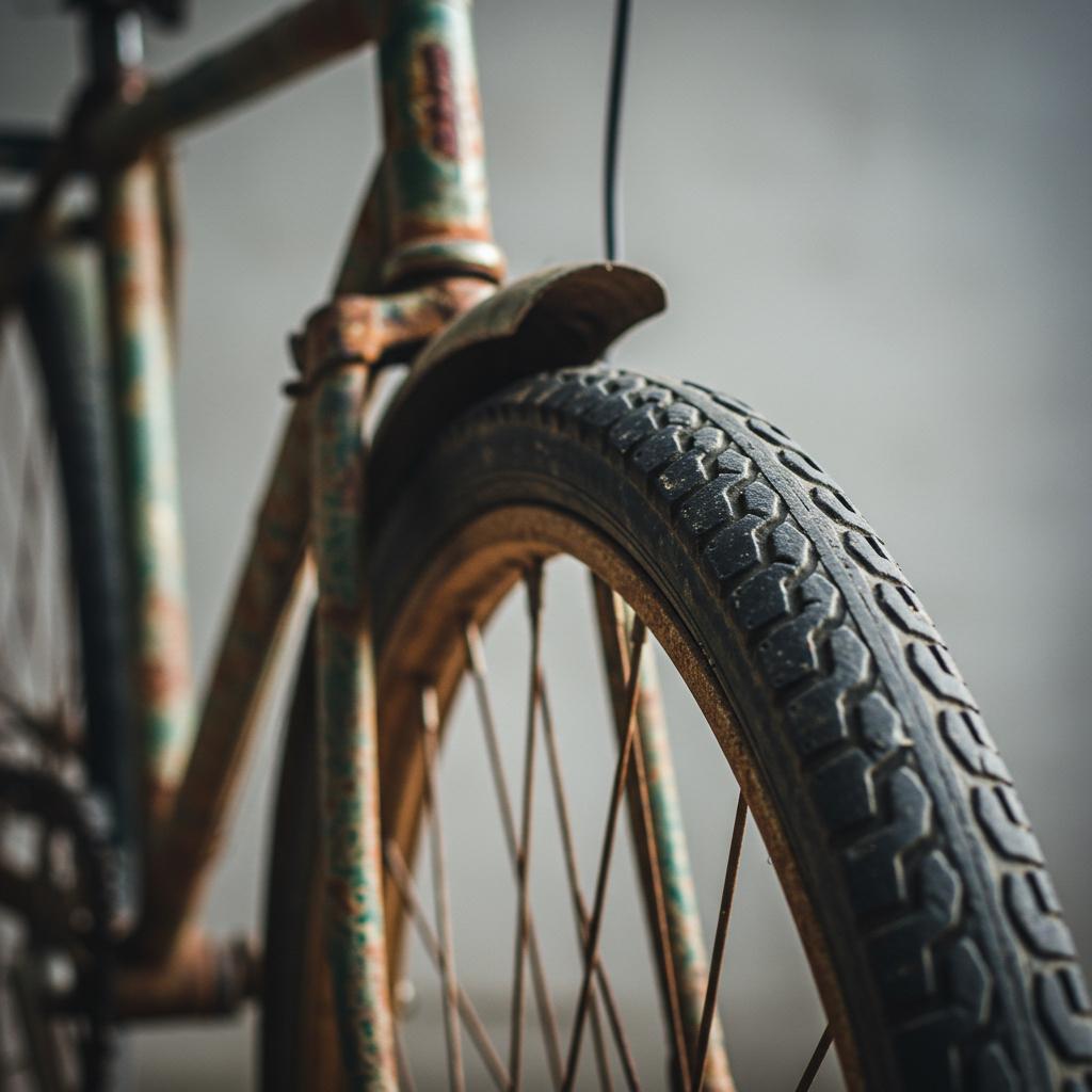 A close-up photograph of a rusty old bicycle with detailed tire treads