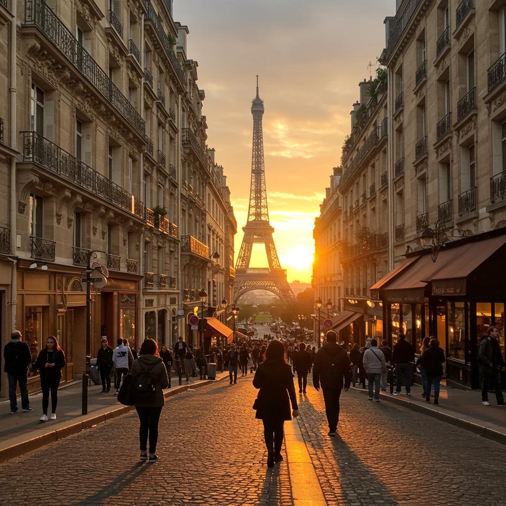A bustling street scene in Paris at sunset, with numerous pedestrians and detailed architecture