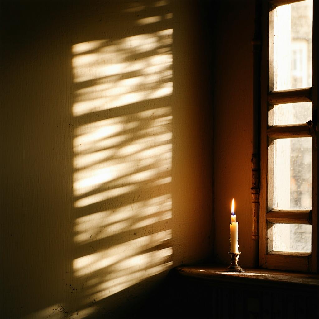 A dimly lit room with a single candle, showing strong shadows on the walls