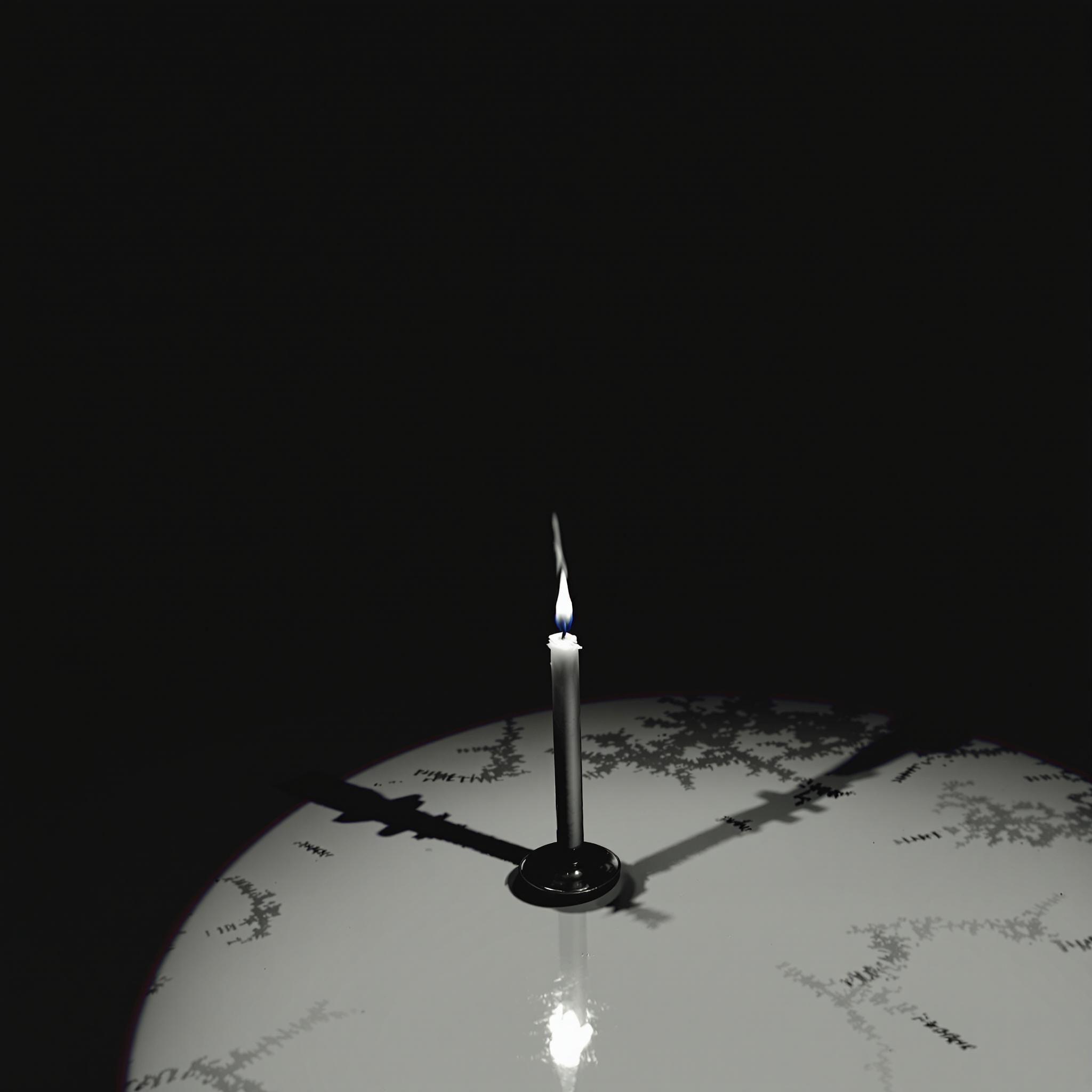 A dimly lit room with a single candle, showing strong shadows on the walls