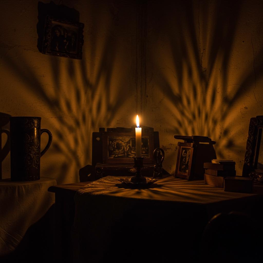 A dimly lit room with a single candle, showing strong shadows on the walls