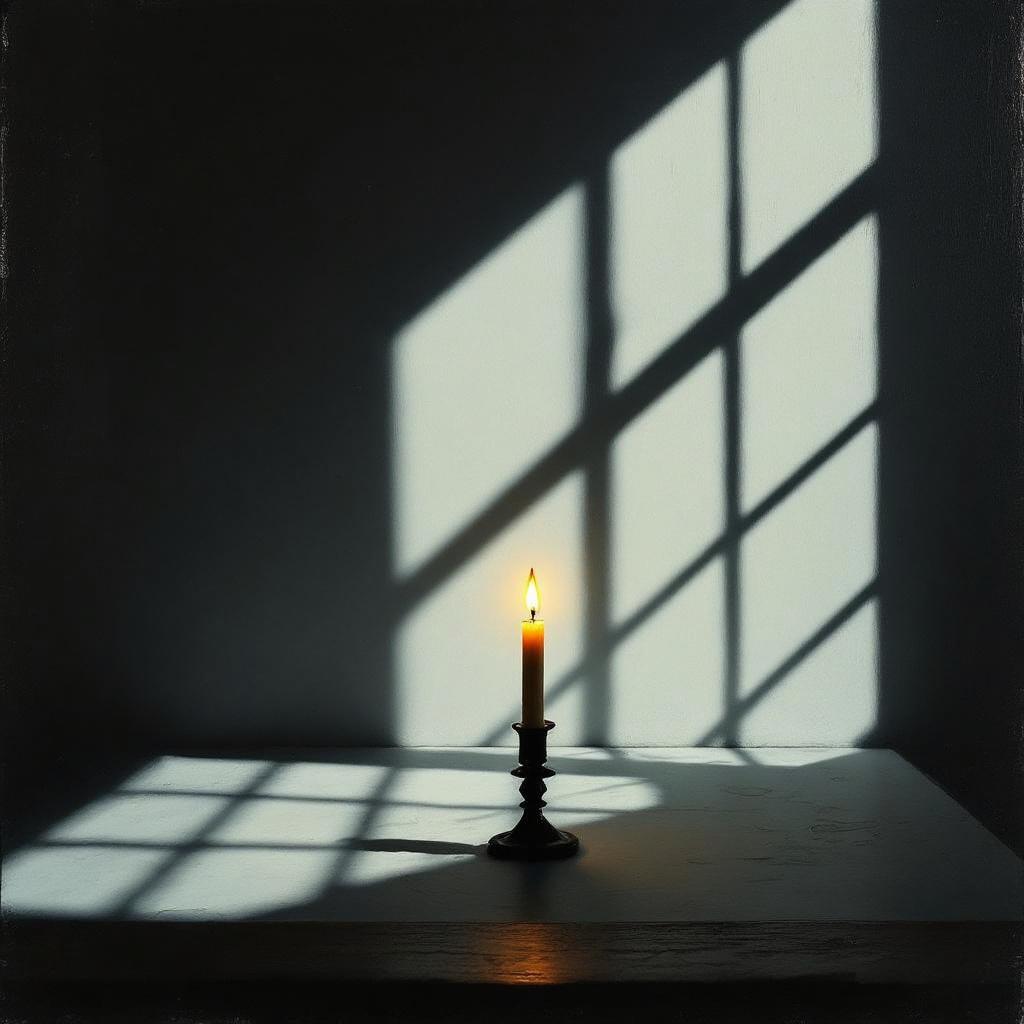 A dimly lit room with a single candle, showing strong shadows on the walls