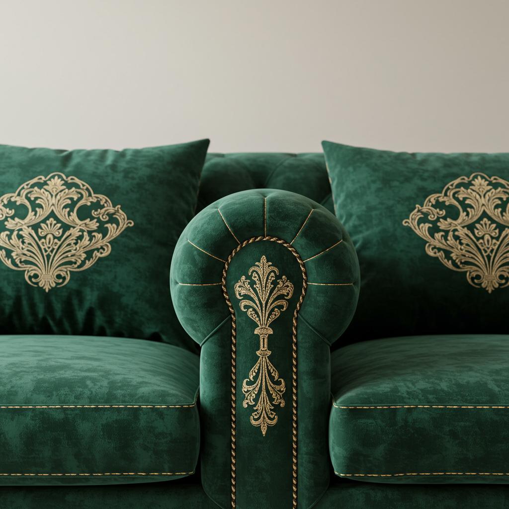 A plush velvet sofa with intricate stitching details