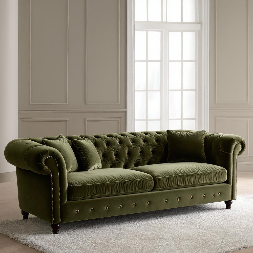 A plush velvet sofa with intricate stitching details