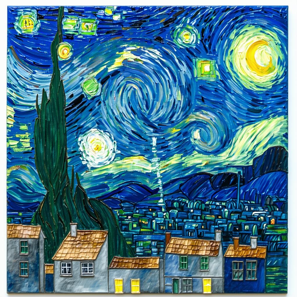 An abstract painting of a cityscape in the style of Van Gogh