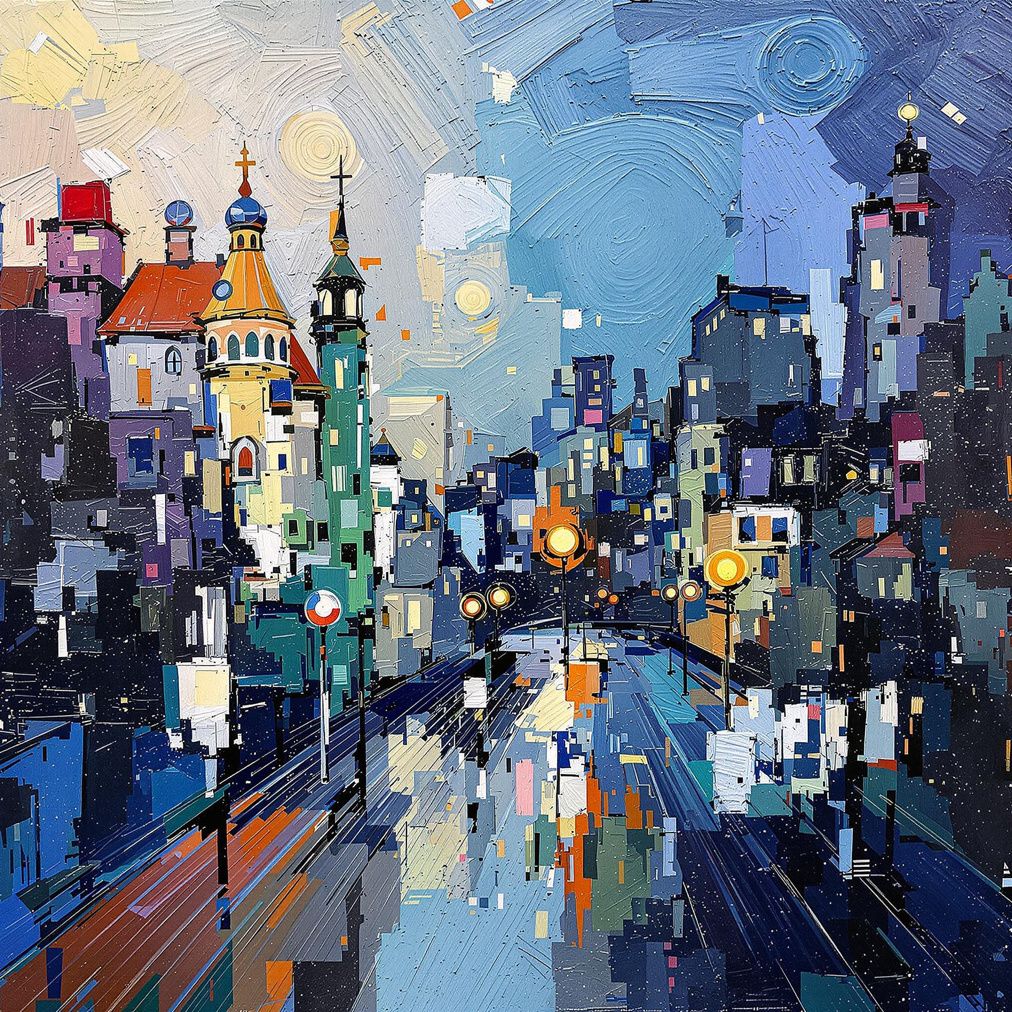 An abstract painting of a cityscape in the style of Van Gogh