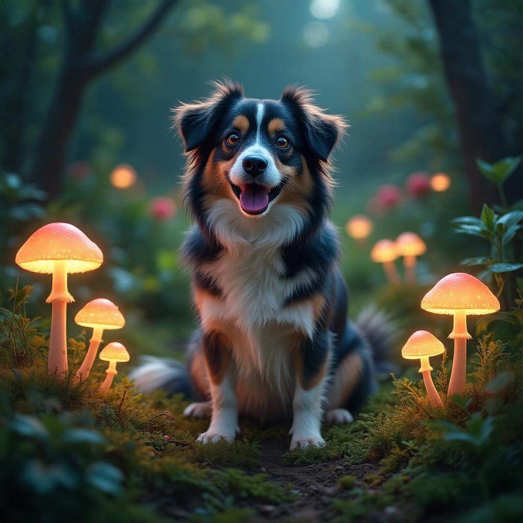 A dreamlike image of a talking dog in a garden with glowing mushrooms