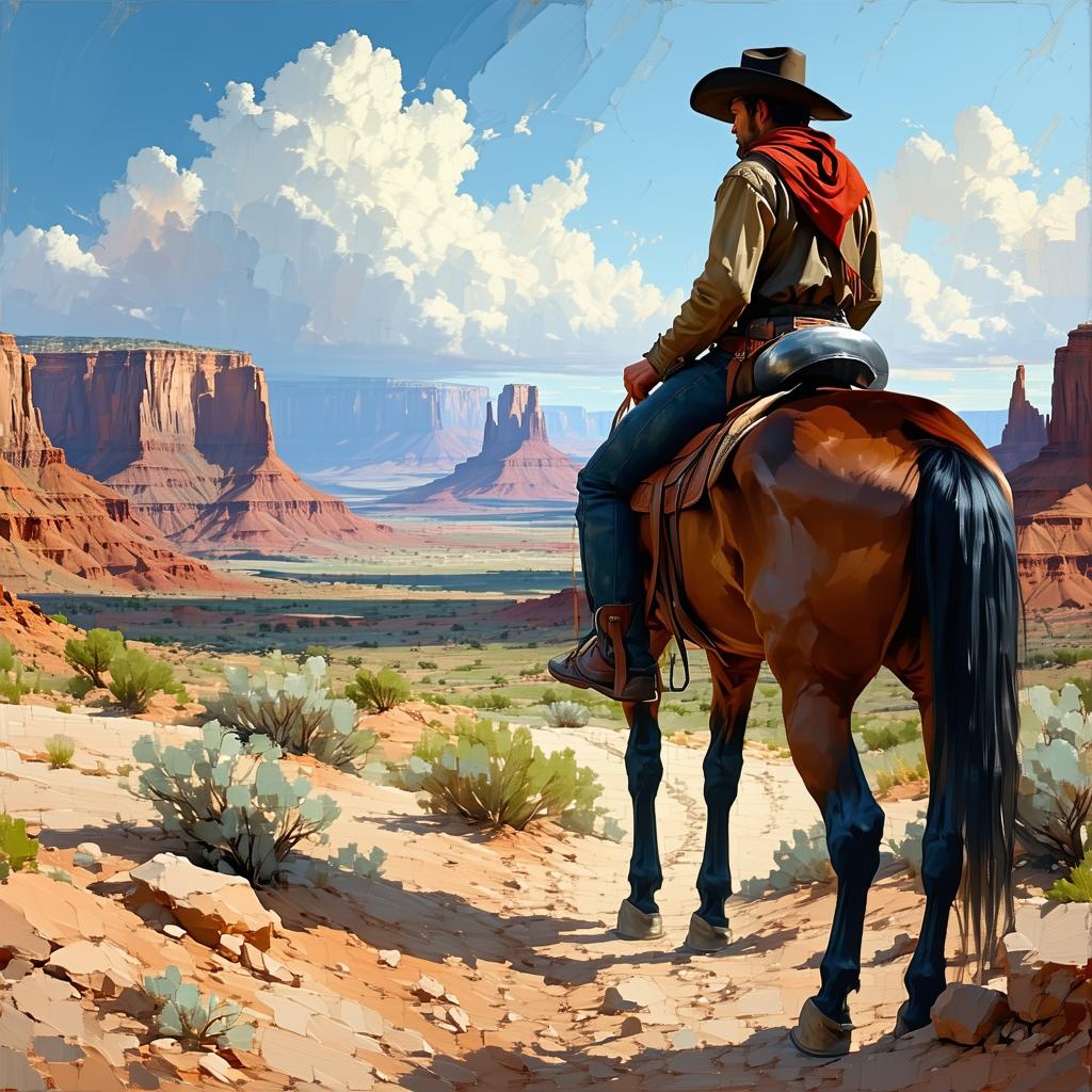 A classic Western scene with a cowboy on horseback, looking over a desert landscape