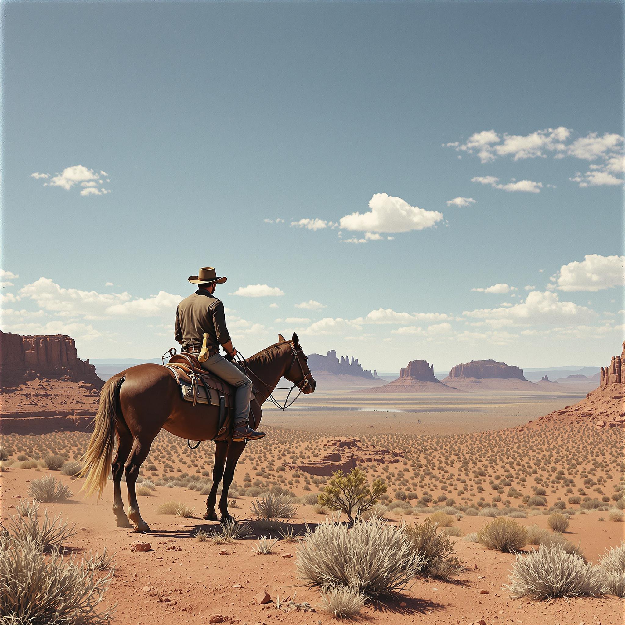 A classic Western scene with a cowboy on horseback, looking over a desert landscape