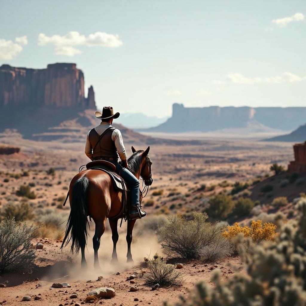 A classic Western scene with a cowboy on horseback, looking over a desert landscape