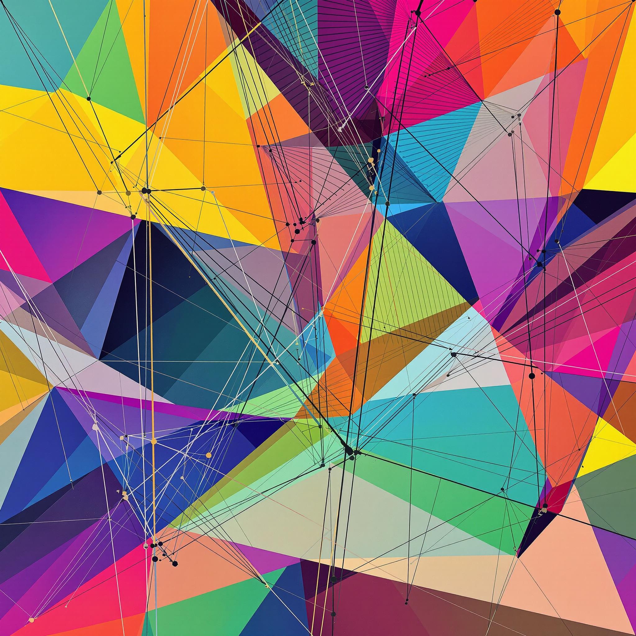An image with a vibrant color palette, using only geometric shapes and lines