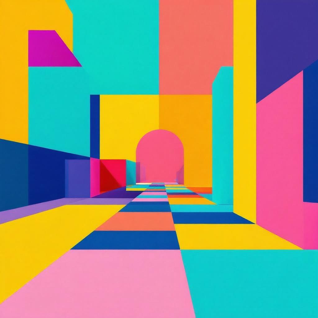 An image with a vibrant color palette, using only geometric shapes and lines