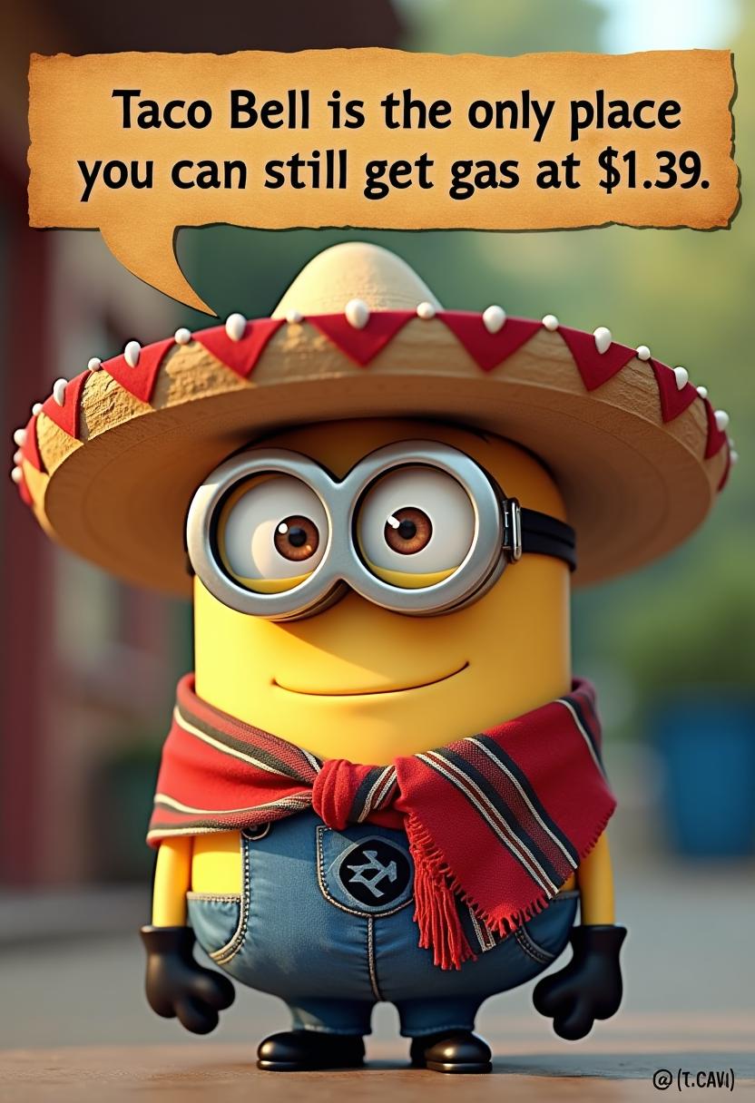 Create a image of a minion wearing a Mexican sombrero, Mexican sarape draped over shoulders with a speech bubble that reads "Taco Bell is the only place you can still get gas at $1.39" correct and accurate spelling sans serif font. rustic looking speech bubble and retangular 