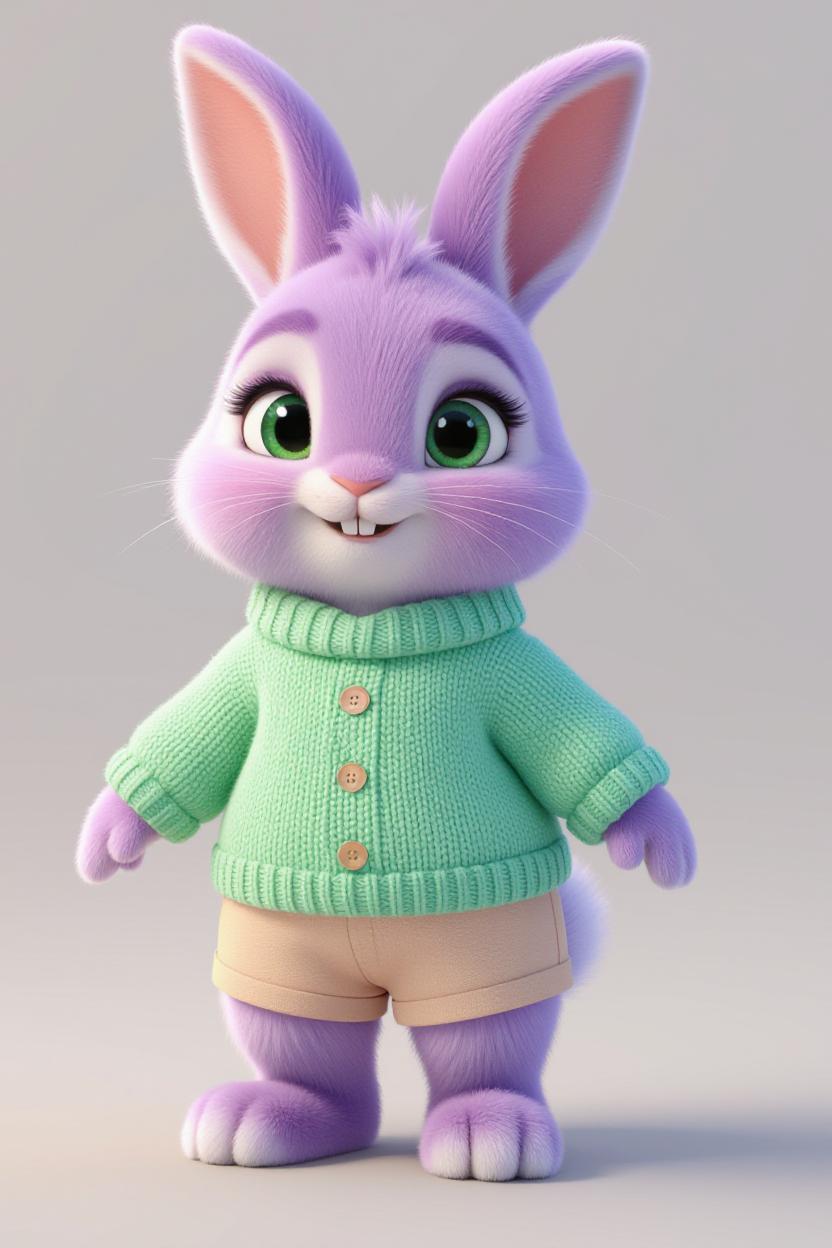 Create a character named Sonya Bunny. Sonya is four year old rabbit. She should have a similar design style and proportions to Sunny Bunny but with distinct colors and features.
Color Coordination:
    • Fur: Soft lilac (light purple shade) 
    • Sweater: Light pastel mint green to harmonize beautifully with lilac fur and complement Sunny’s light blue sweater.
    • Shorts: Soft pastel peach or warm cream color to balance the cool tones of lilac and mint.
Distinct Features:
    • Eyes: Big, sparkling emerald green eyes (to stand out against lilac fur and differ from Sunny’s blue eyes).
    • Ears: One floppy ear like Sunny Bunny, with a small flower clip near the base of the upright ear. The flower should be a soft coral pink color to add a gentle pop. hands Hands Fingers four fingers
    • Expression: Gentle, kind, and slightly more reserved than Sunny, reflecting her calm personality.
Overall Style:
    • Bright, colorful, and visually simple style consistent with Sunny Bunny.
    • Use smooth shading and vibrant pastel colors to keep Sonya friendly and appealing to toddlers.
Key Characteristics:
    • Lilac fur and mint sweater create a fresh, harmonious palette that complements Sunny’s yellow and blue.
    • Coral flower clip and peach shorts add warmth and uniqueness.
    • Design reflects a kind, gentle, and thoughtful character distinct yet visually connected to Sunny Bunny.
