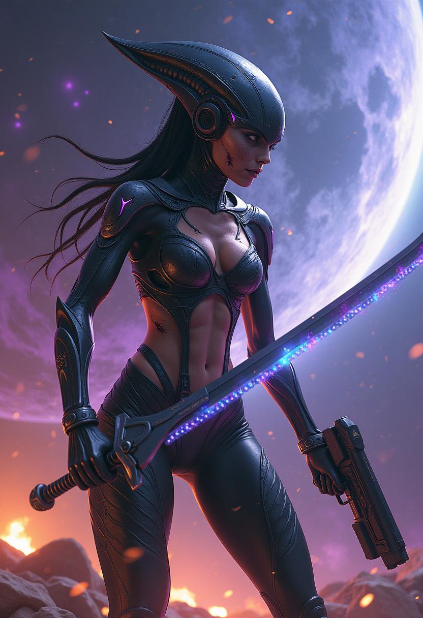 A breathtaking, ultra-high-resolution masterpiece of a fierce alien warrior in combat, showcasing ultra-quality details in every aspect. The scene captures a dynamic and intense battle, with the central focus on a fit, thin, athletic female alien warrior dressed in an intricate, otherworldly costume adorned with metallic textures, glowing accents, and sharp, angular designs that reflect her extraterrestrial origins. She wields a futuristic sword in one hand, its blade shimmering with an ethereal energy, and a high-tech gun in the other, emitting faint wisps of smoke after a recent shot. Her combat stance is powerful and aggressive, mid-attack, with visible scars and streaks of blood on her skin, emphasizing the brutality of the fight. The background is a vast cosmic expanse, filled with swirling nebulae in deep purples, blues, and fiery oranges, dotted with distant stars and fragments of shattered planets, adding a sense of danger and chaos. The composition is framed dynamically, with a low-angle perspective that enhances her dominance and intensity, her figure positioned slightly off-center for a cinematic effect. The lighting is dramatic, with a stark contrast between the glowing cosmic hues and the dark, shadowy undertones of her armor, casting intricate reflections and highlights. The mood is tense and adrenaline-fueled, evoking a sense of imminent danger and survival, set against the eerie, infinite void of space. Rendered in a hyper-realistic sci-fi style with elements of cyberpunk art, featuring razor-sharp details, photorealistic textures, and a polished, cinematic finish.