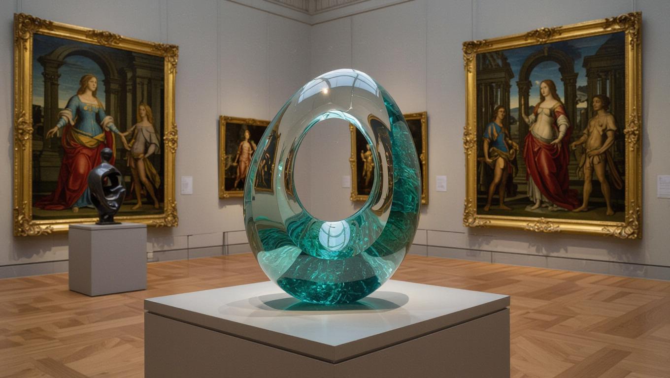 a beautiful sculpture made of glass and bonze in a modern art museum, with renaissance paintings on the walls.