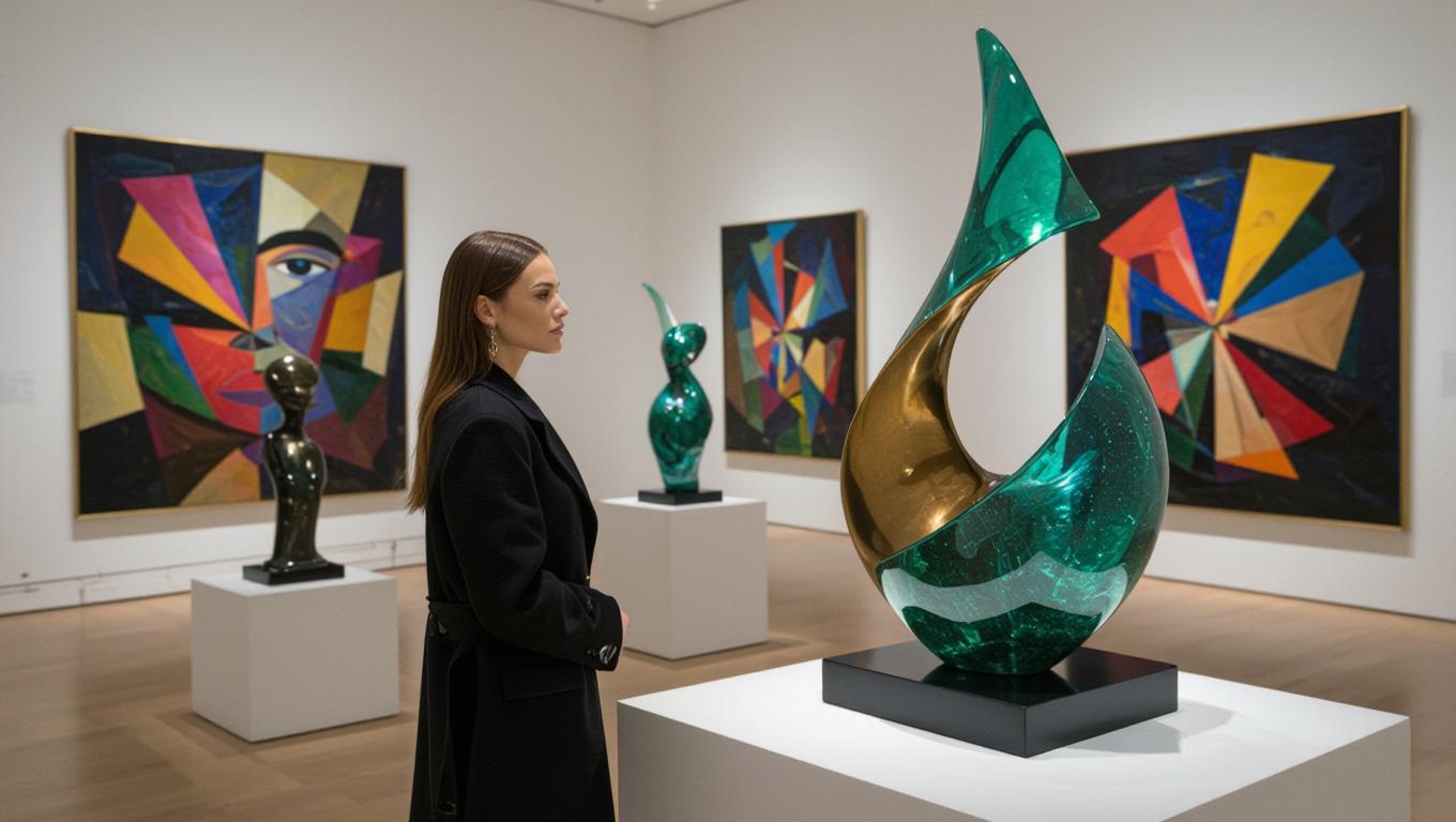 a fashion super-model looking at a beautiful sculpture made of glass and bonze in a modern art museum, with post-modern paintings on the walls.