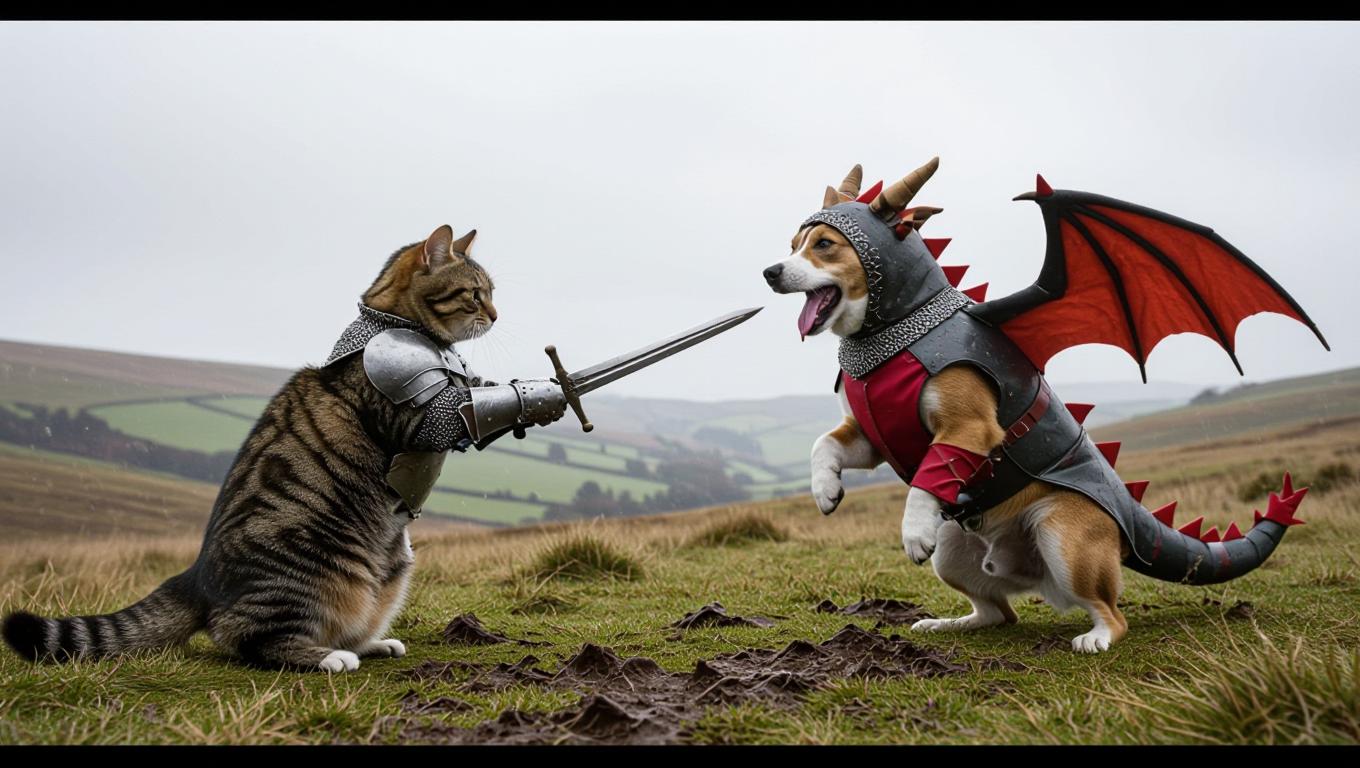 iPhone photo of A cat as a knight fighting a dog cosplaying as a dragon, windswept hills, overcast, rain, mud.