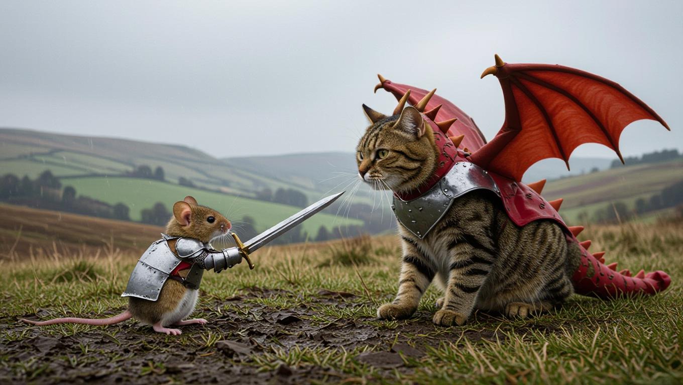 iPhone photo of A small mouse as a knight fighting a large cat cosplaying as a dragon, windswept hills, overcast, rain, mud.