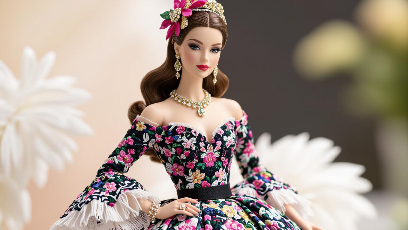 A fashion photo of a figurine dressed up in haute couture dress and with fashion makeup, for a fashion shoot. 