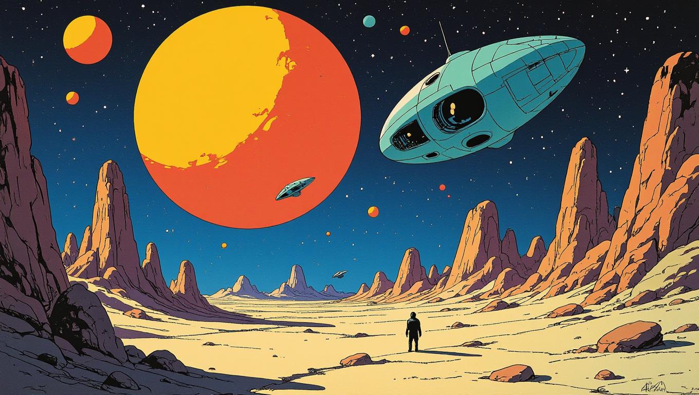 an illustration in the style of Moebius and "Heavy Metal magazine"