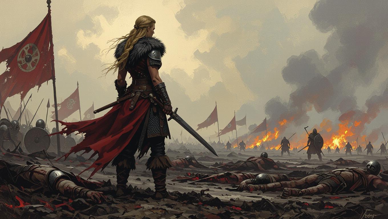 a female viking warrior standing on a scorched battleground with dead bodies and torn banners. in the style of Simon Bisley and Frazetta.