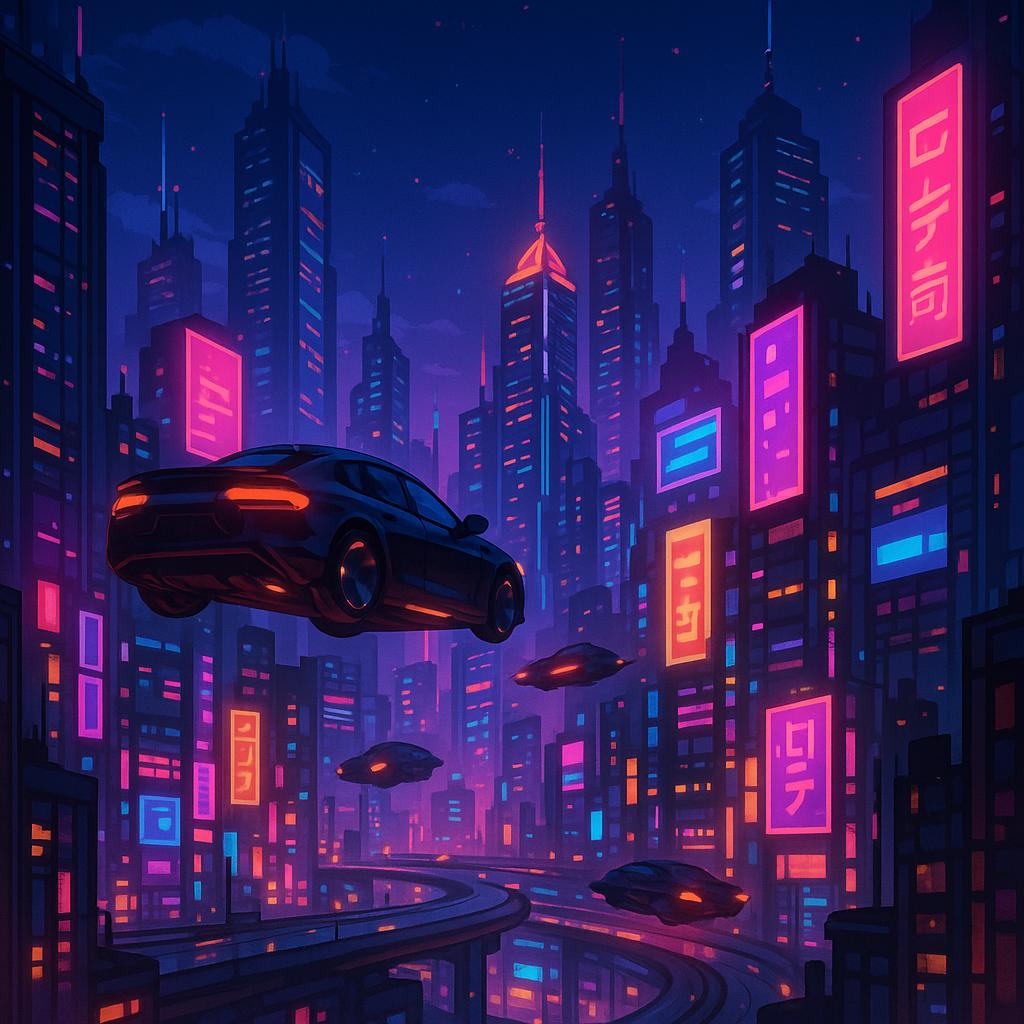 A digital illustration of a futuristic city with flying cars and neon lights