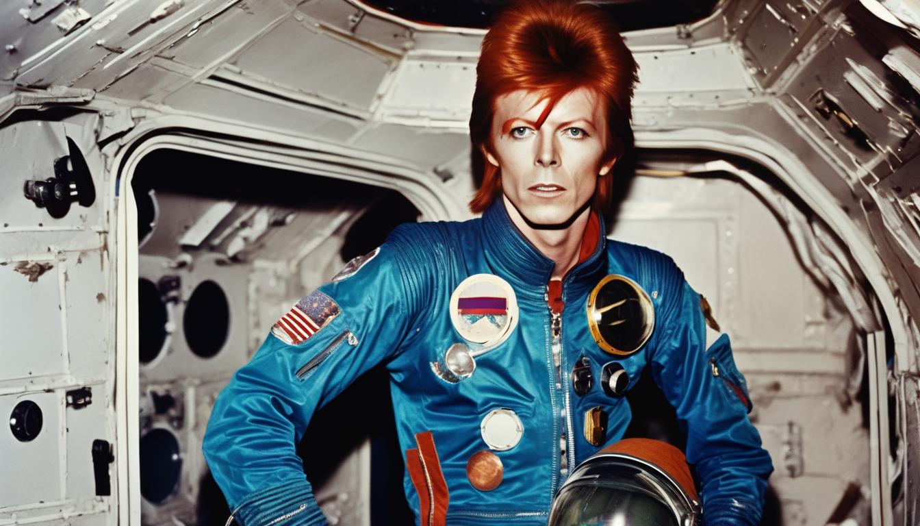 photo of 20yo David Bowie as Ziggy Stardust floating in space as an astronaut