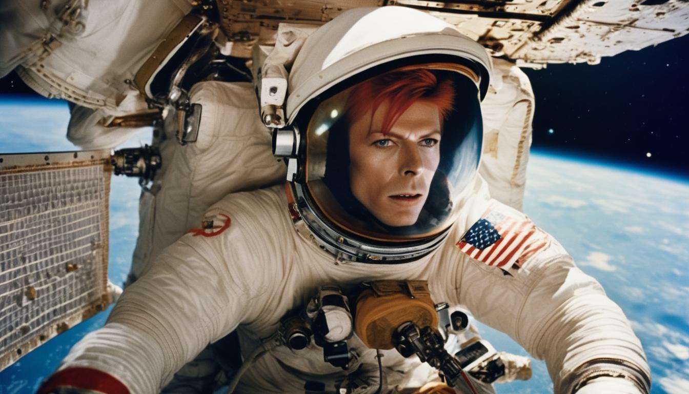photo of 20yo David Bowie as Ziggy Stardust floating in space as an astronaut