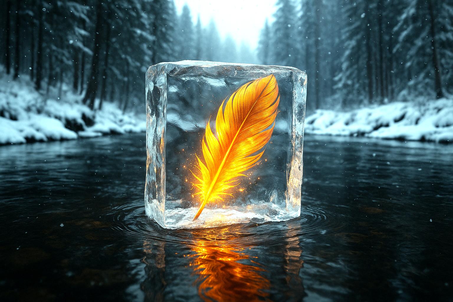 A hyper-realistic portrait, photorealistic photo close-up image of A shimmering, golden phoenix feather encased in a block of ice, floating gently down a slow-moving river in the heart of a dense, snow-covered forest. The feather, glowing with a warm, internal light, radiates tiny sparks of energy that crackle against the ice, sending ripples through the water. The block of ice, perfectly transparent, reflects the surrounding trees and the pale, wintry sky above, creating a surreal image of warmth and cold coexisting. The river flows steadily, carrying the feather along its winding path, while snowflakes drift lazily down, adding a layer of stillness to the scene. The forest, silent and pristine, seems untouched by time, with the only movement being the gentle flow of water and the featheras subtle glow. The contrast between the vibrant, fiery feather and the cold, crystalline ice encapsulates a moment of balance, where opposing forces meet in harmony. Itas a serene yet powerful image of natureas contrasts, captured in a single, magical moment. (photography, high-resolution, dynamic, energetic,hyper-realistic, dramatic lighting, shallow depth of field.), detailmaximizer, MythP0rt