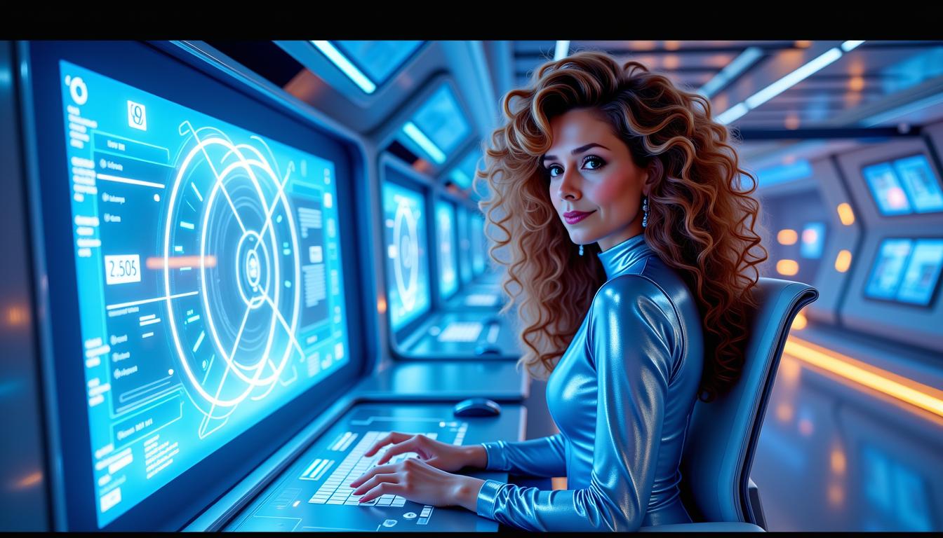 Kira-Super, Kira-Pixie-2, Interior scene inside a futuristic quantum tower, a young Kira Quantum sits calmly at a glowing console in a sleek command room, her iconic 1980s-style voluminous brown very long curly hair with feathered bangs and electric presence, elegant futuristic outfit in light indigo and neon blue tones, a large semi-transparent holographic display hovers in front of her, gently flickering with quantum data, her face is softly lit and she smiles inwardly, eyes full of emotion and warmth, as she communicates silently with