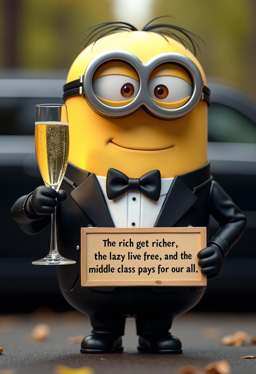 Create a minion wearing a tux, holding a champagne glass, holding a sign that reads "The rich get richer, the lazy live for free, and the middle class pays for it all" sans serif font, background a limo