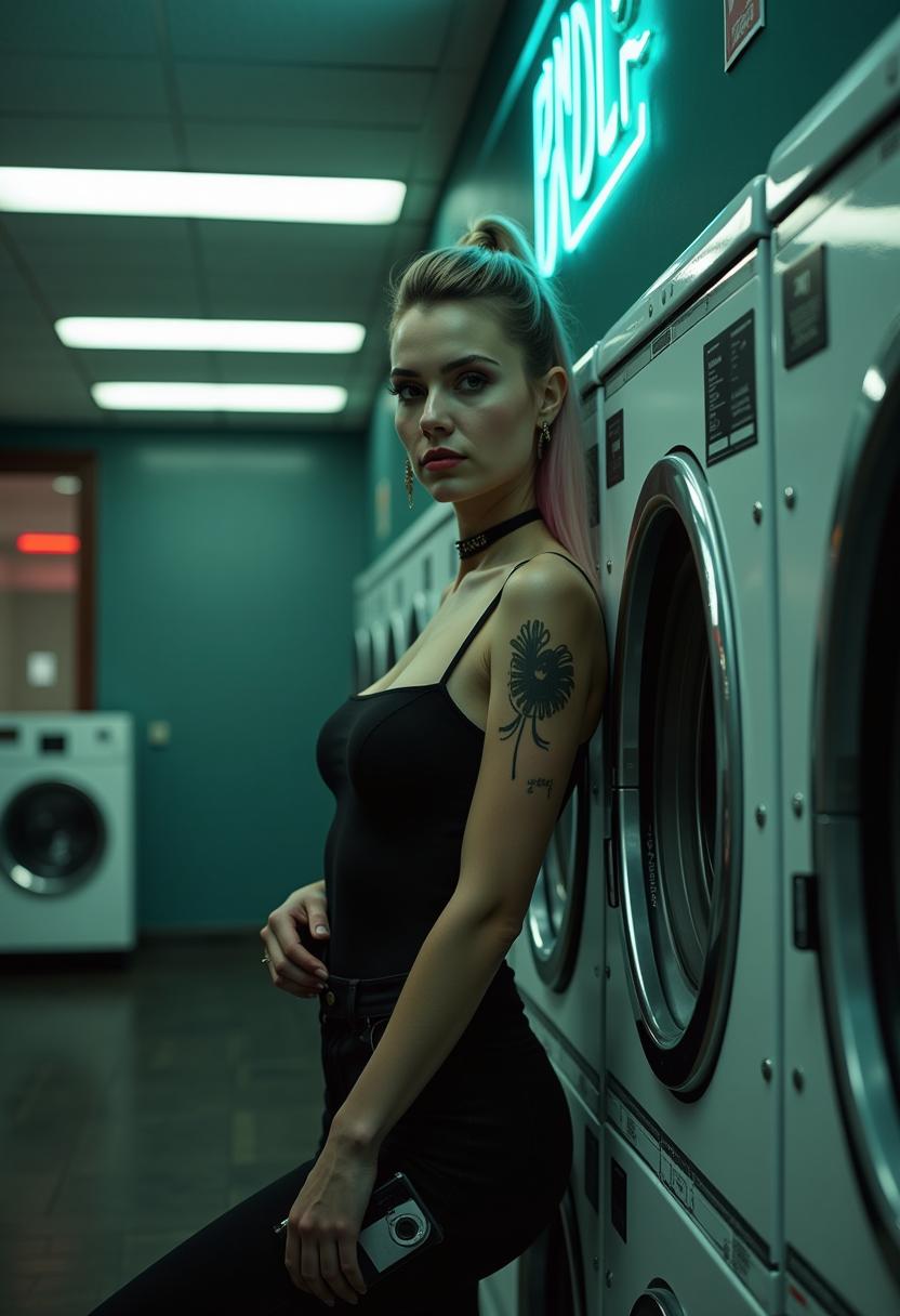 Sure! Here's a rewritten version of your prompt with a slightly more cinematic and polished tone, while keeping the original elements and mood intact:

---

**Setting & Atmosphere:**  
A dimly lit laundromat, bathed in the cold, sterile flicker of aging fluorescent lights. The hour is late—past midnight—and the streets beyond the large glass windows are empty, echoing a haunting stillness. Inside, the space shows signs of neglect: cracked tiles, humming machines, and a few out-of-service units that add to the air of quiet abandonment.

**Subject:**  
A 25-year-old woman commands the scene with an effortless, bold confidence. Her features are striking—piercing, expressive eyes and a mischievous, knowing smile. She’s dressed provocatively, in a form-fitting outfit that highlights her figure and matches her self-assured presence. Leaning casually against a washing machine, she looks entirely at ease in the stillness of the space.

**Details & Accessories:**  
Tattoos curl along her skin like whispers of rebellion, and a few well-placed piercings add to her edgy allure. Her hair, possibly dyed in bold, unconventional hues, is styled to mirror her fearless attitude. She holds a phone or perhaps a well-worn magazine, something to kill time as she waits for the spin cycle to end.

**Mood & Tone:**  
The overall vibe is quiet yet electric—a sense of solitude laced with tension. The late-night silence feels charged, almost cinematic. There’s a subtle danger in the air, but she seems unfazed—confident, defiant, and completely in control of her space.

---

Would you like it to lean even more into noir, gritty realism, or perhaps stylized like a graphic novel?