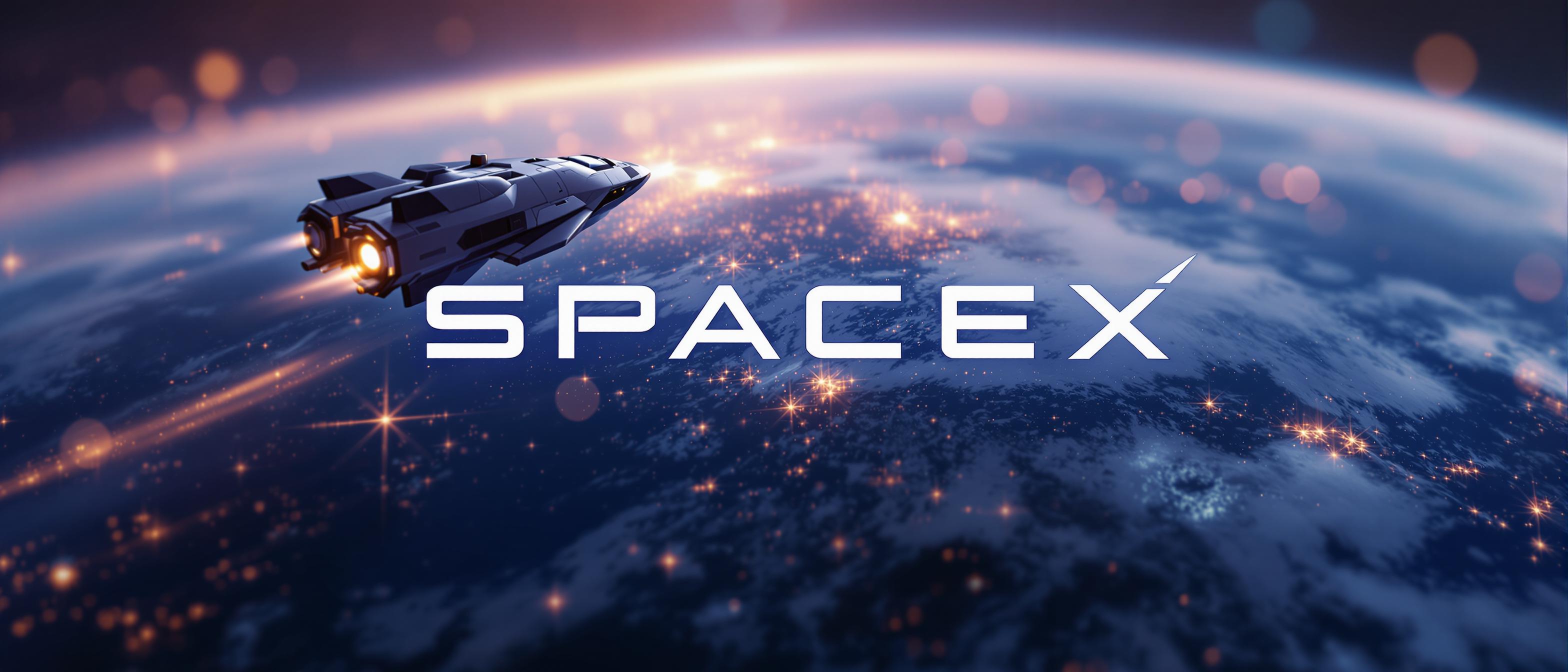 Logo in modern letters: "SpaceX", Futuristic spaceship hovering over earth, bokeh