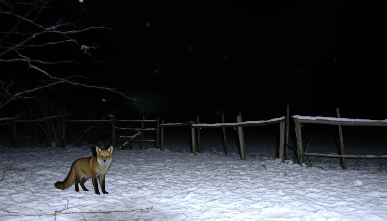 Amateur iphone image, animal photography, snowy winter night landscape with fox and a cat, rural farm, darkest night, shot with an iPhone at night

