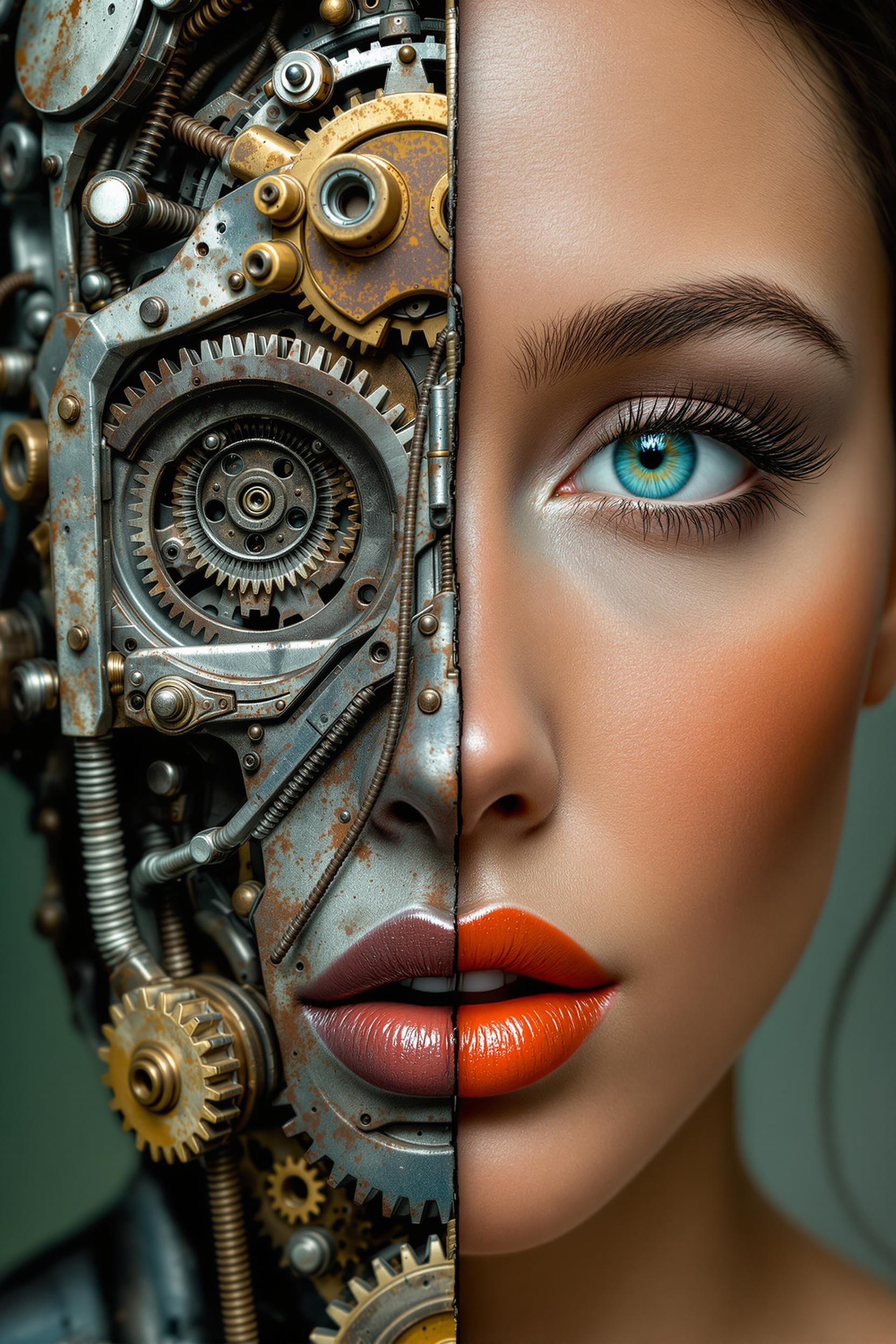 A surreal, half-female facial representation combining mechanical elements with human traits. The left half of the face consists of gears, metal and rusty parts, while the right half shows realistic painted skin. The bright turquoise eye and orange lips are conspicuous. The picture that shows the fading color. conveys a mixture of man and machine, steampunk
