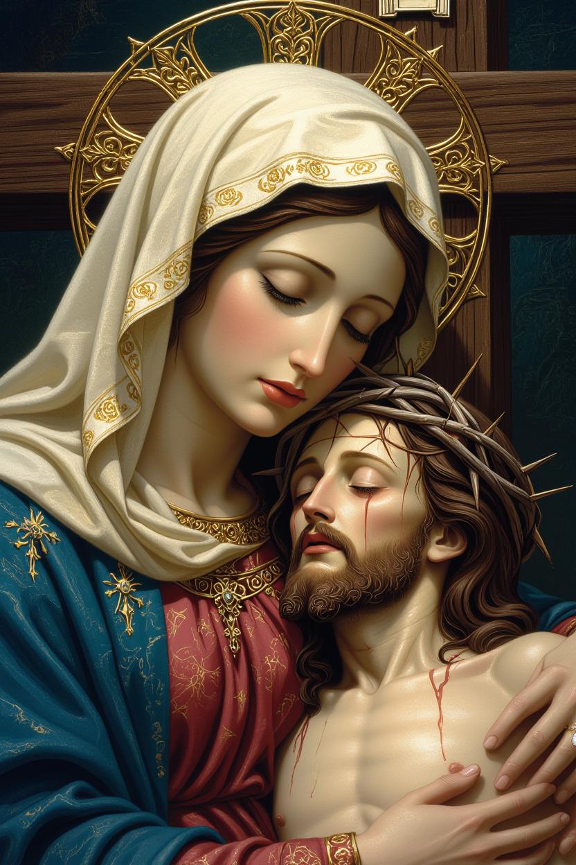"La pieta" Medium close up Ultra detailed Mother Mary with Jesus Christ dead under the cross. Ultra detailed digital painting, deep color, fantastical, intricate masterpiece 64k