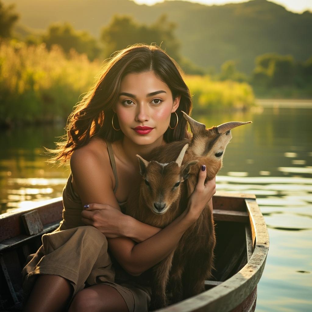 a woman in a boat with a goat