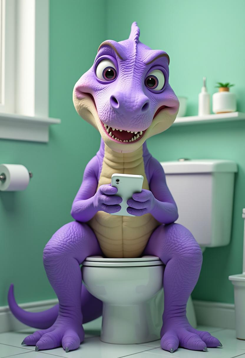 A captivating 3D rendering of an anthropomorphic, quirky white purple T-Rex, facing viewer, in raised, squishy clothing. He's sitting on the toilet looking at her phone. The bathroom is decorated in white pea green. Disney Pixar