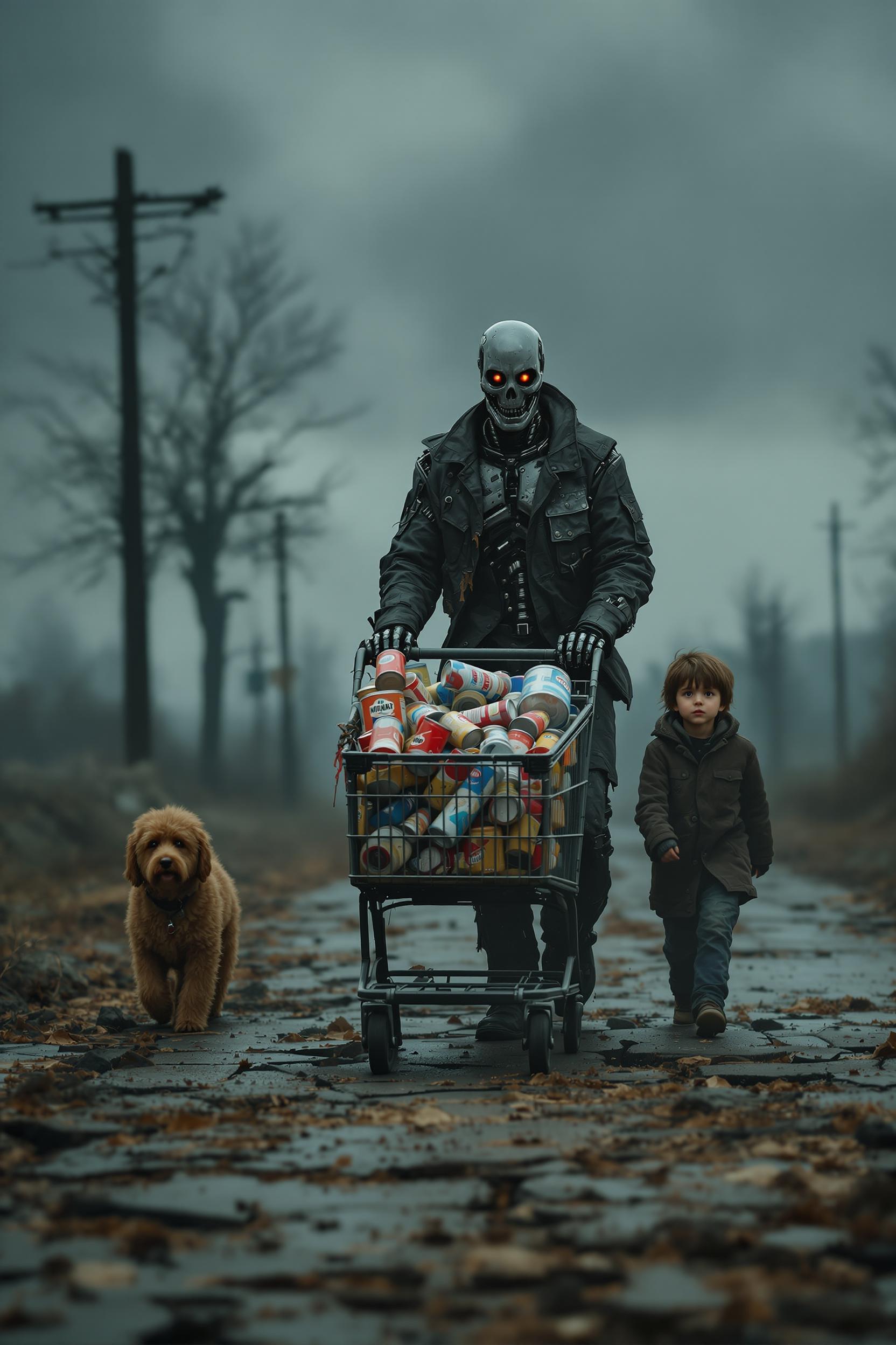 Hyperrealism, cinematic, dark, matte colors. An abandoned, desolate landscape. On a broken road, a terminator robot wearing a tattered jacket, looking at viewer, is pushing a dirty shopping cart filled with canned food and mineral water. Walking beside him is a scruffy little boy in a tattered coat, along with his shaggy dog. They are approaching us.