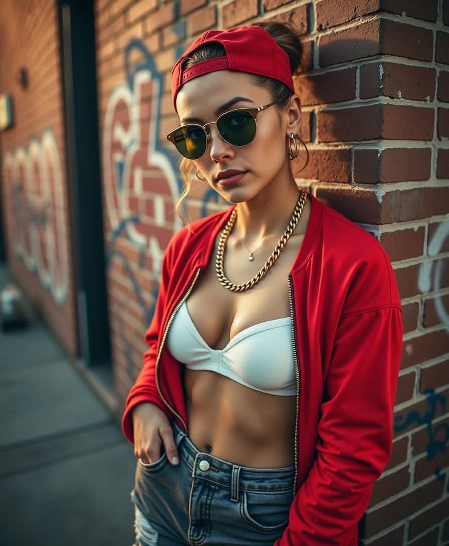 A hyper-realistic portrait of Molly, a street-side drug dealer in South Chicago, captured in her mid-20s. With fair skin. Hair in a bun under the hat. She exudes a tough, confident vibe, standing on a gritty urban street corner. Her outfit includes a bold red backwards baseball cap, round sunglasses with striking golden frames, and a chunky gold chain necklace that catches the light. She wears an unzipped red long-sleeve jacket, revealing a simple white bra underneath, paired with light black jeans that are slightly distressed and crisp white sneakers. The image is framed as a medium close-up shot, with Molly positioned slightly off-center, leaning casually against a brick wall covered in faded graffiti. The camera angle is at eye level, emphasizing her piercing gaze and streetwise demeanor. The scene is set during late afternoon, with warm golden-hour lighting casting long shadows and highlighting the textures of her clothing and the rough urban environment.