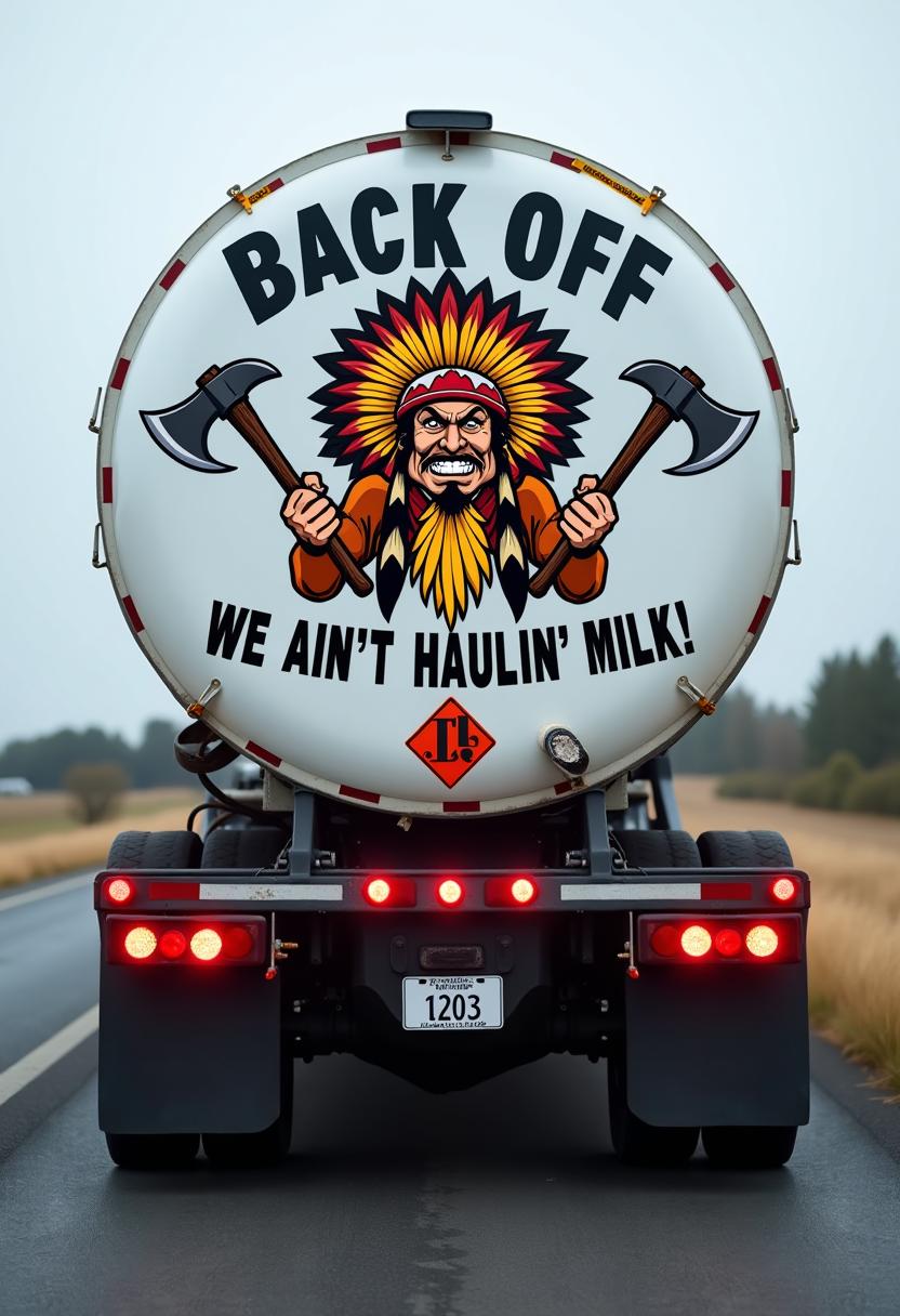 A high-definition photograph of the rear of a large white tanker truck parked on a quiet road, showcasing a striking and colorful graphic of a cartoon Yosemite Sam character. The character wears a detailed feathered headdress with vibrant reds, yellows, and blacks, his face contorted into a fierce, exaggerated expression. He grips two tomahawks with intricate wooden handles and sharp, gleaming blades. Adding a whimsical twist, his lower body transforms into that of a shaggy dog with fluffy fur and a wagging tail, blending humor with boldness. Above the character, the words "BACK OFF" are emblazoned in a bold, black, sans-serif font, commanding attention. Below, the phrase "WE AIN'T HAULIN' MILK!" is written in the same striking black text, hinting at the truck's potentially hazardous cargo, further emphasized by a diamond-shaped warning label displaying the UN number 1203 for flammable liquids, rendered in crisp red and white. The truck's red tail lights glow subtly, complemented by additional red clearance lights along the sides, casting a faint warm hue against the white metal surface. The partially visible license plate shows the letters "TL" followed by a number, etched in standard black text on a metallic background. The composition focuses tightly on the rear of the truck, with the camera positioned at a slight low angle to emphasize its imposing size and the graphic's prominence. The background is a softly blurred rural road under a muted gray sky, suggesting an overcast day, with hints of greenery and asphalt fading into the distance. The color palette contrasts the stark white of the truck with the vivid graphic and red accents, while the overall mood blends playful humor with an underlying sense of caution. The photography style is realistic and sharp, with a shallow depth of field to isolate the truck as the central subject, capturing textures like the smooth tanker surface, the gritty warning label, and the cartoonish details of the graphic in vivid clarity.