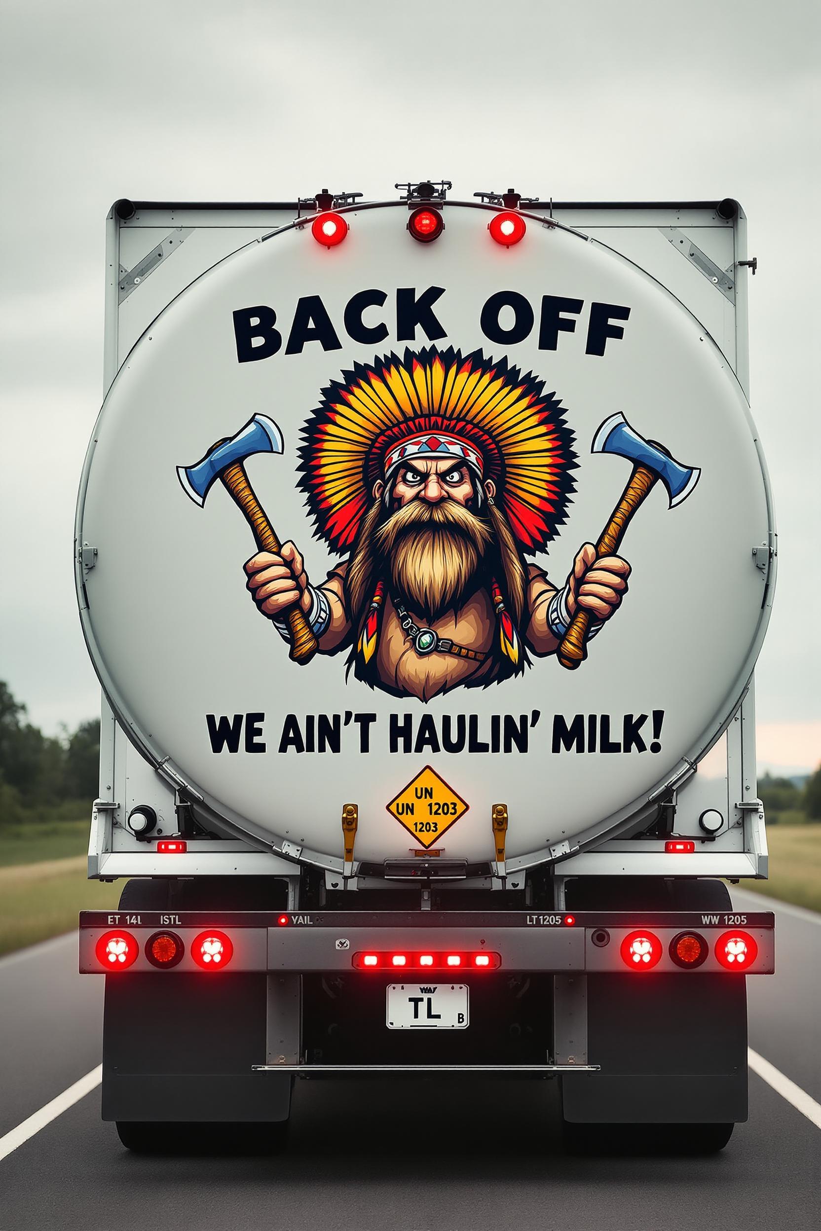 A high-definition photograph of the rear of a large white tanker truck parked on a quiet road, showcasing a striking and colorful graphic of a cartoon Yosemite Sam character. The character wears a detailed feathered headdress with vibrant reds, yellows, and blacks, his face contorted into a fierce, exaggerated expression. He grips two tomahawks with intricate wooden handles and sharp, gleaming blades. Adding a whimsical twist, his lower body transforms into that of a shaggy dog with fluffy fur and a wagging tail, blending humor with boldness. Above the character, the words "BACK OFF" are emblazoned in a bold, black, sans-serif font, commanding attention. Below, the phrase "WE AIN'T HAULIN' MILK!" is written in the same striking black text, hinting at the truck's potentially hazardous cargo, further emphasized by a diamond-shaped warning label displaying the UN number 1203 for flammable liquids, rendered in crisp red and white. The truck's red tail lights glow subtly, complemented by additional red clearance lights along the sides, casting a faint warm hue against the white metal surface. The partially visible license plate shows the letters "TL" followed by a number, etched in standard black text on a metallic background. The composition focuses tightly on the rear of the truck, with the camera positioned at a slight low angle to emphasize its imposing size and the graphic's prominence. The background is a softly blurred rural road under a muted gray sky, suggesting an overcast day, with hints of greenery and asphalt fading into the distance. The color palette contrasts the stark white of the truck with the vivid graphic and red accents, while the overall mood blends playful humor with an underlying sense of caution. The photography style is realistic and sharp, with a shallow depth of field to isolate the truck as the central subject, capturing textures like the smooth tanker surface, the gritty warning label, and the cartoonish details of the graphic in vivid clarity.