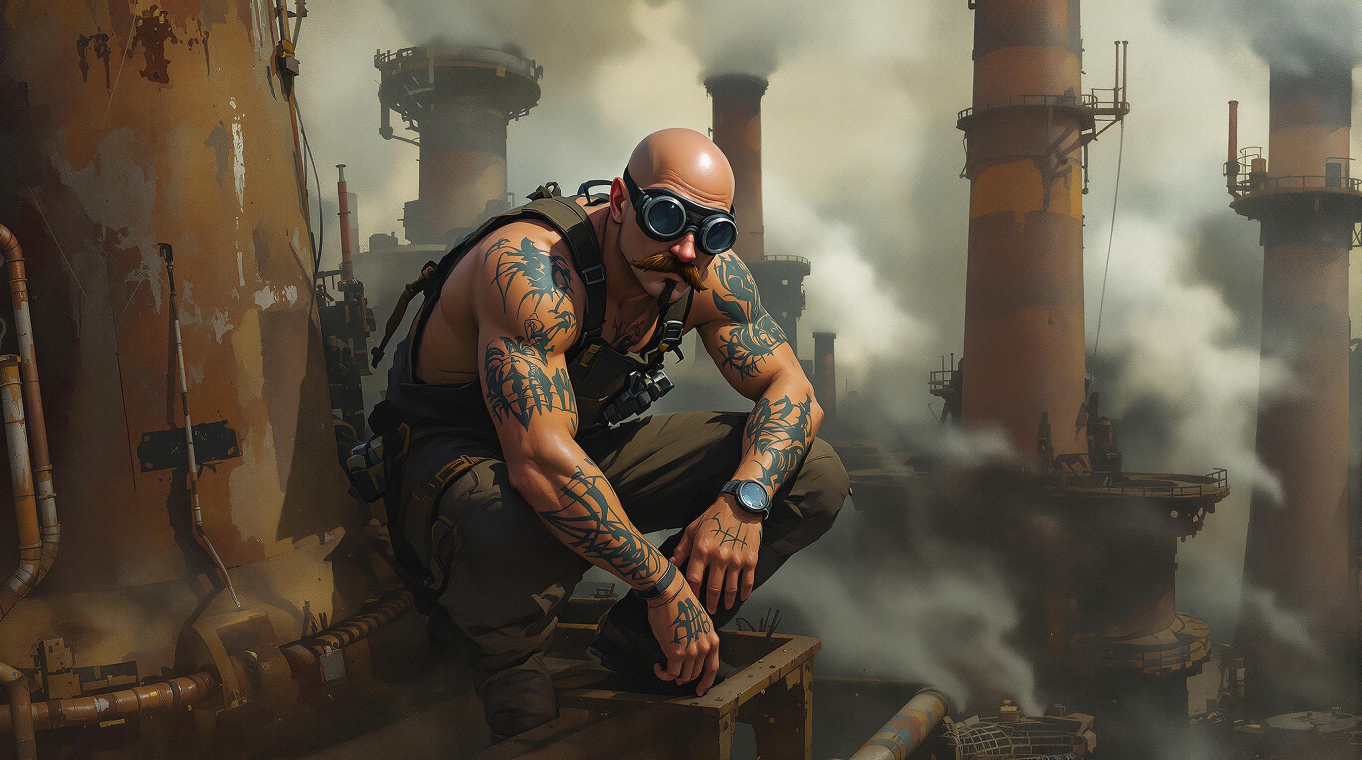A digital oil painting in gritty steampunk style. A bald, tattooed worker with a curled mustache and dark goggles crouches high among towering smokestacks. He wears brown overalls, showing muscular, weathered arms. The texture is expressive, with visible brush strokes and muted, industrial tones. Smoke billows around rusted pipes and metal structures below, creating a dizzying, dystopian atmosphere filled with grime and gravity.ciaroscuro.8k. Ultra-detailed.