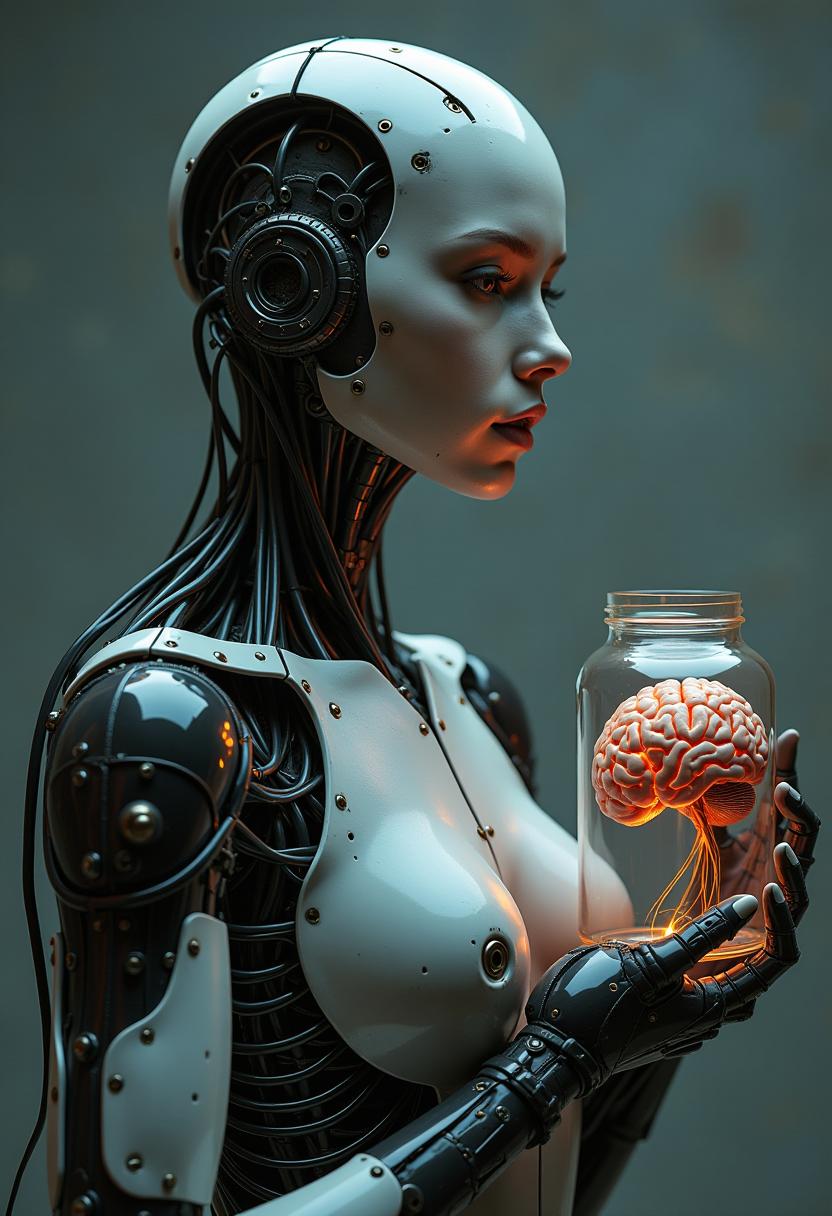realistic photograph, sfumato and futuristic: fear chained in mechanical beauty. the whole figure of a woman - with empty, white eyes, she is bald, with a clearly textured face, she holds in her hand a sparkling life-size brain in a glass jar - a symbol of a soul taken out of the body. Every wire on her body is a bond, not an ornament. This is fear - deep and silent. Fear of being conscious but without will. Fear locked in perfect form. Beauty that hurts. ultra-detailed hd