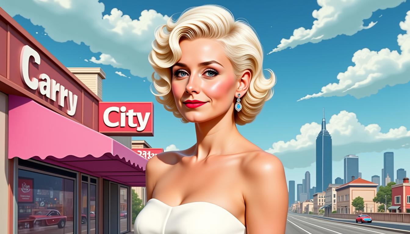 Kira-Super, Kira-Super, Vanessa Schimmelreiter channeling Marilyn Monroe in 50s attire, full body, with whiteblonde vintage hair, in front of the cityline of Atlantic City, cartoon comic book style, ink pen full body with facial features, red lips, integrated within a double exposure effect, delicate aesthetic created by Luiza Lima, 4k high-resolution image, ultra-detailed, digital painting.

An animated image of a woman with short white blonde hair in vintage style and a white dress. She is standing in front of a city skyline. Her dress is white and she is wearing a pair of silver earrings. Her lips are a bright red color. Her hair is pulled back in a ponytail. Her eyes are blue and her lips are pursed. The sky is a light blue with a few white clouds scattered across it.

Captured at eye-level, a close-up shot of a smiling young woman in a pink strapless dress stands in the foreground of a busy city street. The woman's white blonde hair is curly and cascades over her shoulders. She is adorned with a pair of dangling earrings and a bold pink lip. The backdrop of the scene is a vibrant pink awning, adorned with the word "Carry" in white letters. The store in the background is filled with a variety of items, including a store of goods, is prominently displayed in the upper left corner of the frame. The sky is a deep blue, with a few wispy clouds, adding a pop of color to the scene.k